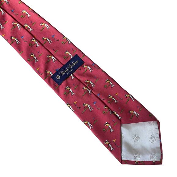 Vintage Brooks Brothers Makers Silk Tie USA Coral Golf Golfers Print Necktie - Picture 4 of 10